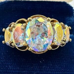 925 sterling silver gold vermeil 5 iridescent AB cubic zirconia ring size 7.25